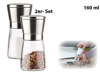 Salz und Pfeffermühle: PEARL Manuelle Gewürzmühle mit Keramik-Mahlwerk, Glas und Edelstahl, 2er-Set