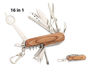 Taschenmesser Funktionen: PEARL 16in1-Multifunktions-Taschenmesser aus Edelstahl mit Echt-Holz-Griff