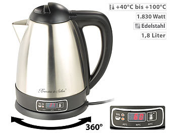Teewasserkocher: Rosenstein & Söhne Edelstahl-Wasserkocher mit Temperatur-Wahl, 1,8 Liter, 1.830 Watt