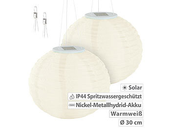 Garten LED Deko Beleuchtung: Lunartec 2er-Set Solar-LED-Lampions, Dämmerungs-Sensor, IP44, warmweiß, Ø 30 cm
