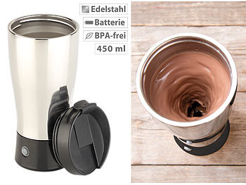 Selbstrührende Tasse: Rosenstein & Söhne Selbstrührender Thermobecher mit elektrischem Quirl, 450 ml, BPA-frei