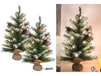 Tischchristbaum: Britesta 2er-Set Deko-Weihnachtsbäume mit 30 LEDs, Zapfen & Eibenbeeren, 60 cm