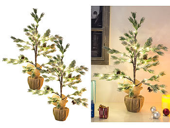 Weihnachtsbäume: Britesta 2er-Set Deko-Nadelbäumchen im Topf, 24 LEDs, Kunstschnee, Zapfen, 70cm