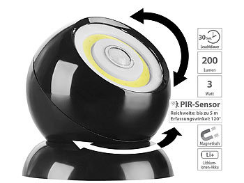 Bewegungsmelder Akku: Luminea Ultrahelle COB-LED-Akku-Leuchte mit PIR-Sensor, 200 Lumen, schwarz
