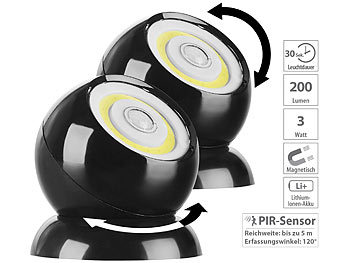 Akkulampen: Lunartec 2er-Set ultrahelle COB-LED-Akku-Leuchten, PIR Sensor, 200 lm, schwarz