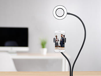 Somikon Selfie-Ringlicht mit Smartphone-Halterung und Klemmbefestigung, Ø 9 cm