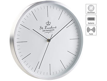 Küchenuhr Funk lautlos: St. Leonhard Moderne Aluminium-Funk-Wanduhr, flüsterleises Sweep-Uhrwerk, Ø 31 cm