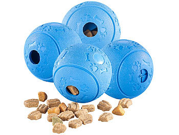 Hundeball: Sweetypet 4er-Set Hunde-Spielbälle, Naturkautschuk, Snack-Ausgabe, Ø 8 cm, blau