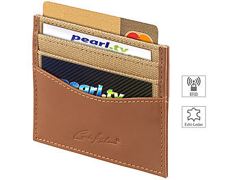 Geldbörse: Carlo Milano Extraflaches Kreditkarten-Etui mit 6 Fächern, RFID-Schutz, Leder/Stoff