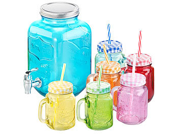 Party Gläser: PEARL 7-teiliges Servier-Set mit Getränkespender, 6 Gläser, Einmachglas-Look