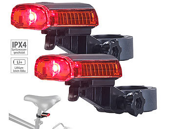 Fahrradbeleuchtung: PEARL 2er-Set LED-Fahrrad-Rücklichter, Akku, USB-Ladekabel, StVZO-zug., IPX4