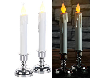 Kerzenhalter: Britesta 2er-Set LED-Stabkerzen mit silbernem Kerzenständer, flackernde Flamme