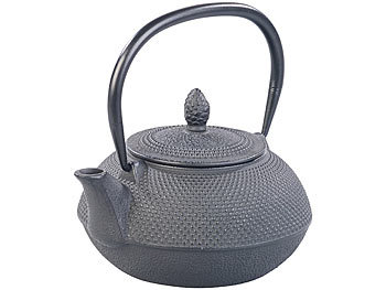 Teekessel: Rosenstein & Söhne Asiatische Teekanne aus Gusseisen mit Edelstahl-Sieb, 0,9 l, schwarz