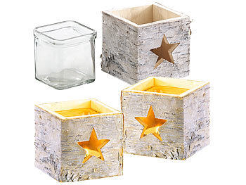 Weihnachtsleuchte: Britesta 3er-Set Windlichter, Holz, Stern-Motiv, herausnehmbares Teelicht-Glas