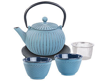 Teeservice Gusseisen: Rosenstein & Söhne Asiatische Teekanne, Untersetzer und 2 Becher aus Gusseisen, blau