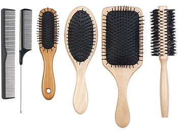 Haarbürste: Sichler Beauty 6er-Haarpflege-Set: 3 antistatische Holzbürsten, 1 Rundbürste, 2 Kämme