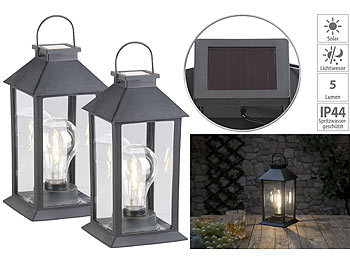 LED Tischlampe: Lunartec 2er-Set Solar-Laterne mit LED-Glühbirne, Dämmerungs-Sensor, Akku, 5 lm