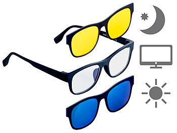 Brille Magnet Sonnenclip: PEARL 3in1-Bildschirm-Brille mit magnetischem Sonnen- und Nachtsicht-Aufsatz