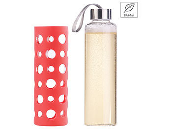 Glasflasche Silikon: PEARL Trinkflasche aus Borosilikat-Glas, rote Silikonhülle, 550 ml, BPA-frei