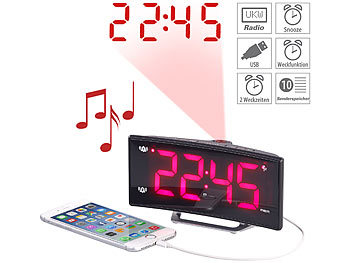 Uhrenradio: auvisio Projektions-Radiowecker mit Curved-Display, Dual-Alarm & USB-Ladeport