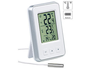 Außenthermometer: PEARL Digitales Innen- und Außen-Thermometer mit Uhrzeit und LCD-Display