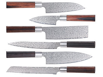 Damast Küchenmesser Set: TokioKitchenWare Handgefertigtes Damast-Messer-Set mit Echtholzgriffen, 6-teilig
