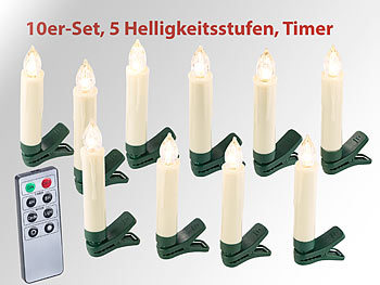 Christbaumkerzen: Lunartec 10er-Set LED-Weihnachtsbaum-Kerzen mit IR-Fernbedienung, Timer, weiß