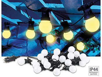 LED Lichterkette außen: Lunartec Party-LED-Lichterkette m. 20 LED-Birnen, 6 Watt, IP44, warmweiß, 9,5 m