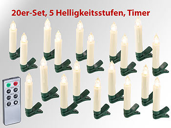 Tannenbaumkerzen: Lunartec 20er-Set LED-Weihnachtsbaum-Kerzen mit IR-Fernbedienung, Timer, weiß