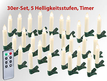 LED Kerze kabellos: Lunartec 30er-Set LED-Weihnachtsbaum-Kerzen mit IR-Fernbedienung, Timer, weiß