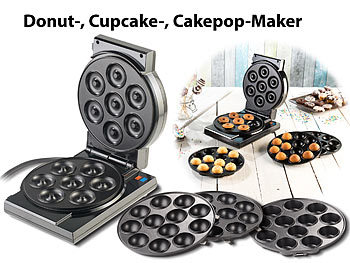 Rosenstein & Söhne 3in1-Donut-, Cupcake- und Cakepop-Maker, antihaftbeschichtet, 850 W