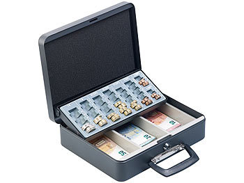 Xcase Stahl-Geldkoffer mit Kassette, Euro-Münzbrett, Koffer-Griff, 30x24x9cm