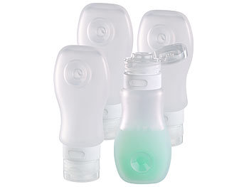 Silikonflasche: Semptec Silikon-Reiseflasche mit Saugnapf, lebensmittelecht, 89 ml, 4er-Set