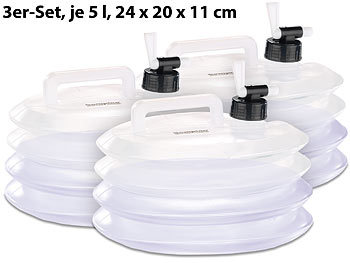 Camping Wasserbehälter: Semptec Faltbare Wasserkanister mit Zapfhahn, 5 Liter, rund, 3er-Set