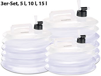 Kanister mit Zapfhähnen: Semptec Faltbare Wasserkanister, Zapfhahn, rund, 5, 10 und 15 Liter, 3er-Set