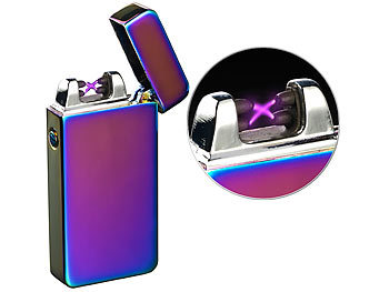 Lichtbogenfeuerzeug: PEARL Elektronisches USB-Feuerzeug mit doppeltem Lichtbogen & Akku, violett