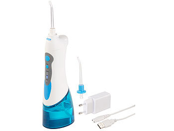 Elektrische USB Reise Munddusche: newgen medicals Akku-Munddusche, 180-ml-Wassertank, 1.700 Impulse/Min., 120 psi, USB