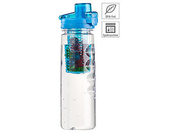 Trinkflasche mit Sieb: Rosenstein & Söhne Tritan-Trinkflasche mit Fruchtbehälter, BPA-frei, 800 ml, blau
