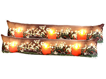 Zugluftkissen: infactory 2er-Set Zugluftstopper-Deko-Kissen, Kerzen-Motiv, 3 LEDs, 90 x 20 cm