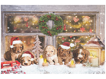 Weihnachtsbild: infactory LED-Wandbild, Weihnachts-Hundewelpen-Motiv, 5 Flacker-LEDs, 60 x 40 cm