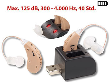 Hörverstärker aufladbar: newgen medicals HdO-Hörverstärker-Paar HV-340 mit Ex-Hörer; Akku & USB-Ladeschale
