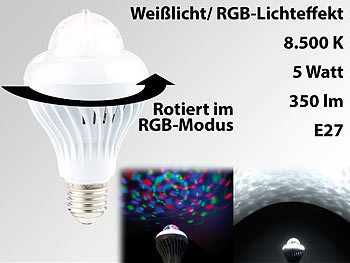 Discolampe: Lunartec Rotierende Disco-LED-Lampe, Galaxie-Effekt, Weißlichtmodus, E27, 5 W