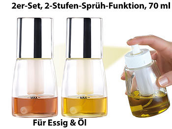 Rosenstein & Söhne 2er-Set Essig- & Öl-Pumpsprühflaschen, 2-Stufen-Sprüh-Funktion, 70 ml