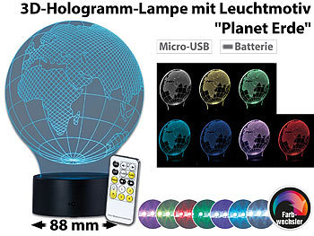 Dekolampe: Lunartec 3D-Hologramm-Lampe mit Leuchtmotiv "Planet Erde", 7-farbig