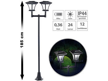 Solarlampe Garten: Royal Gardineer 2-flammige Solar-LED-Gartenlaterne, SWL-25, 0,36 W, 24 lm, 185 cm hoch
