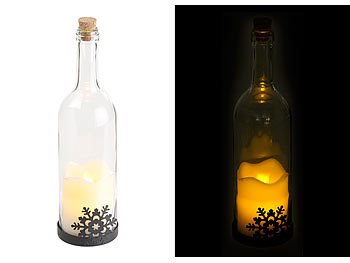 Flaschen Dekorieren: Lunartec Deko-Glasflasche mit LED-Kerze, bewegliche Flamme, Schneeflocken-Motiv