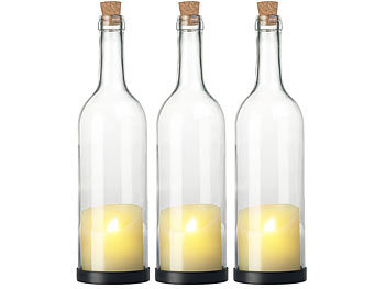 Deko-Flasche Glas: Lunartec 3er-Set Deko-Glasflasche mit LED-Kerze und beweglicher Flamme, Timer