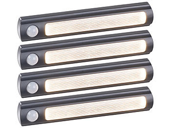 Lichtleisten: Luminea 4er-Set Batterie-LED-Schrankleuchten, PIR- & Lichtsensor, 0,6W, 3000 K