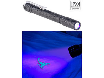 Schwarzlichtlampe: KryoLights Profi-Pen-Light mit UV-LED-Taschenlampe, 395 nm, Aluminium, IPX4