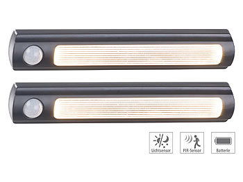 LED Leisten zum Kleben: Luminea 2er-Set LED-Schrankleuchte, PIR- & Lichtsensor, 0,6 W, 25 Lm, 3000 K